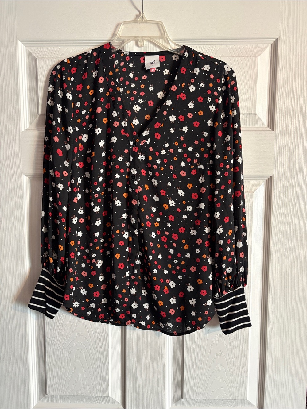 CAbi Black Floral V-Neck Long Sleeve Top with Striped Cuffs